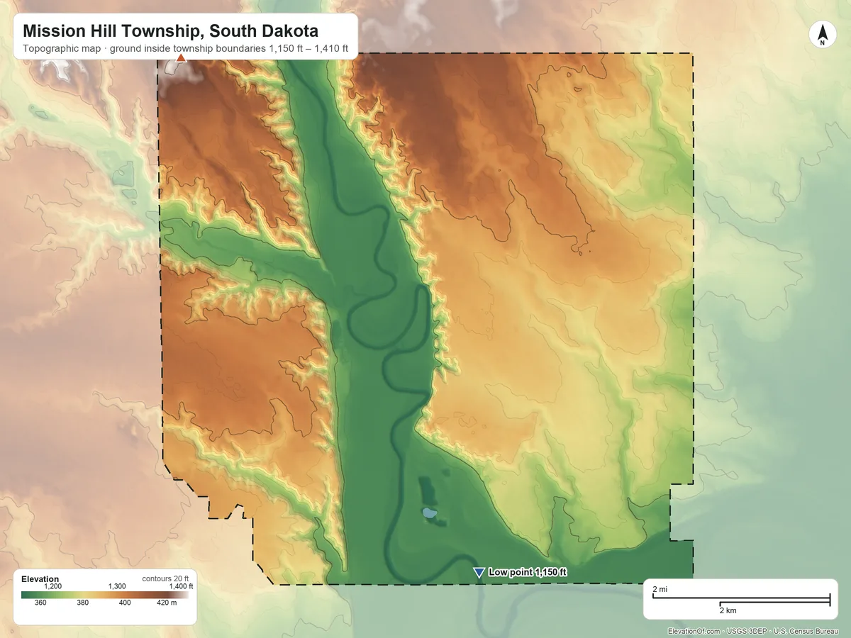 Topographic elevation map of Mission Hill Township, South Dakota, shaded from 1,150 ft on the south side to 1,410 ft on the northwest side