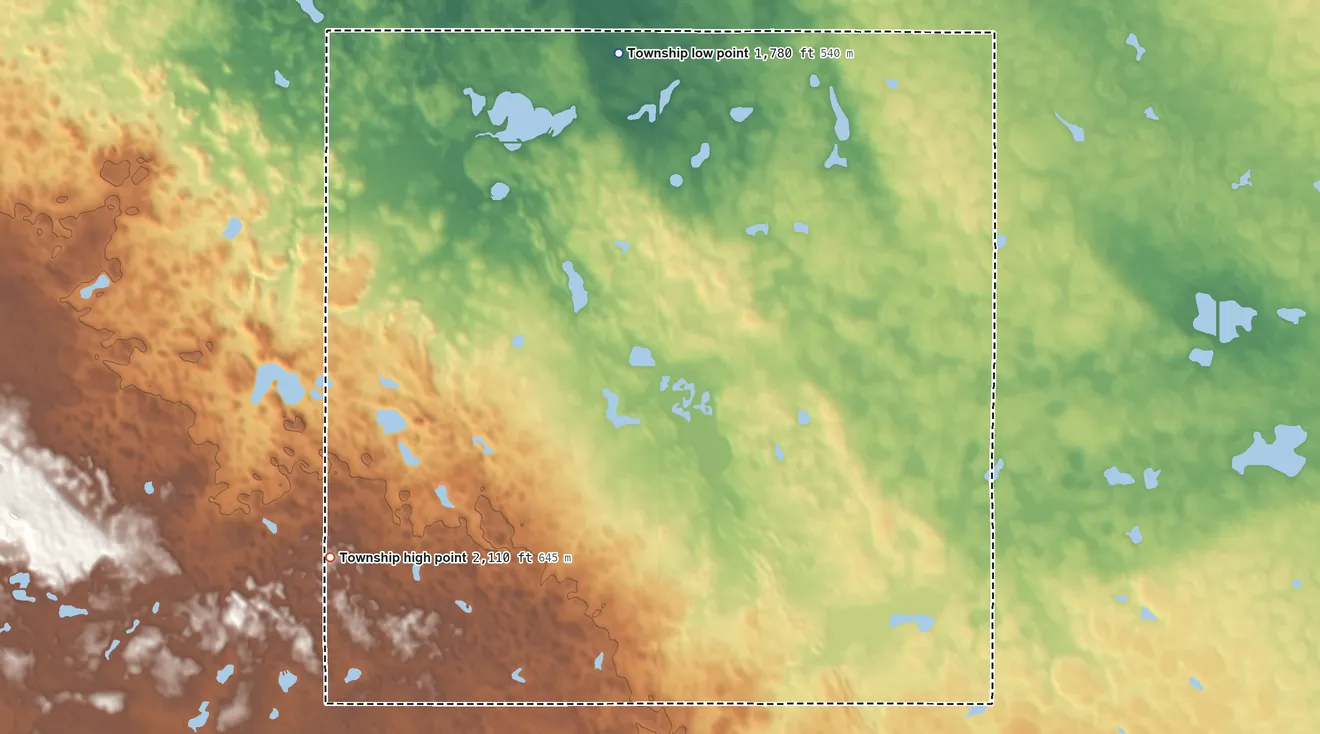 Topographic elevation map of Modena Township, South Dakota, shaded from 1,780 ft on the north side to 2,110 ft on the west side