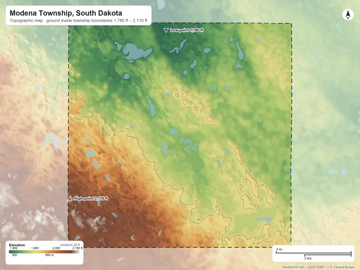 Topographic elevation map of Modena Township, South Dakota, shaded from 1,780 ft on the north side to 2,110 ft on the west side