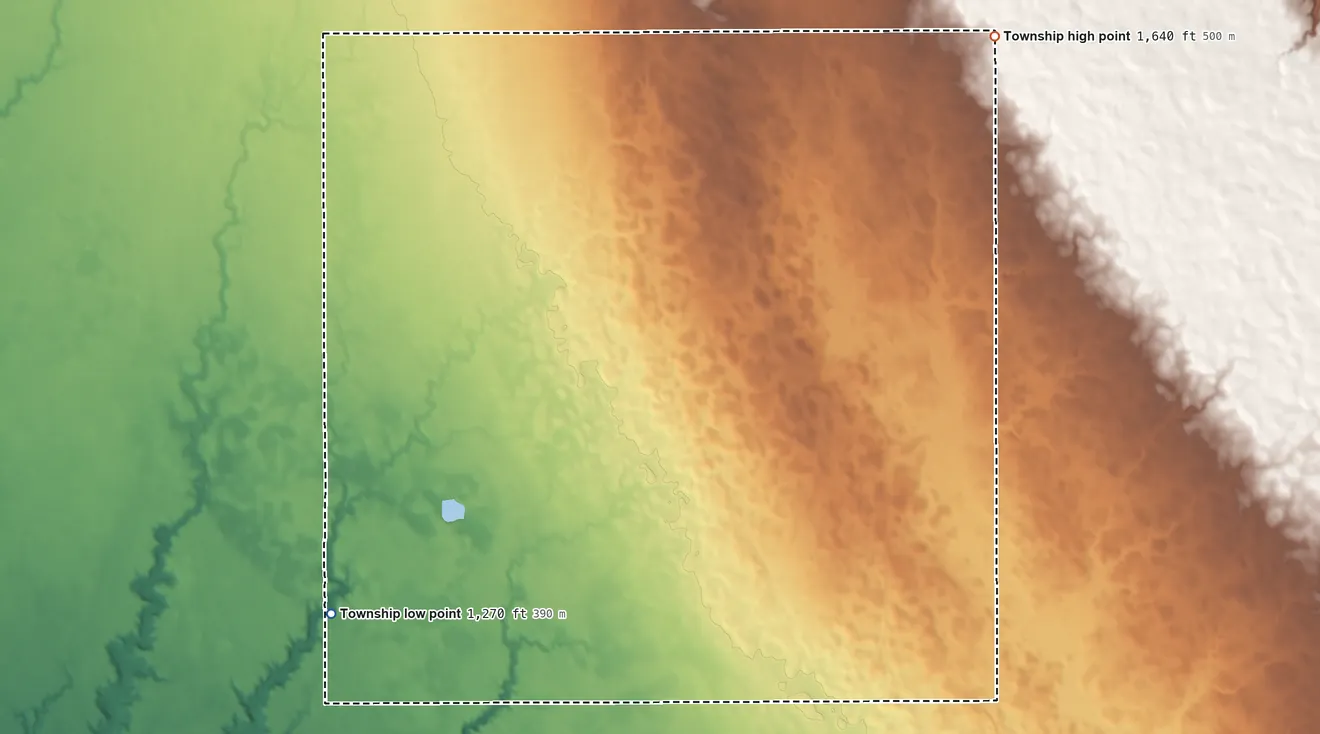 Topographic elevation map of Molan Township, South Dakota, shaded from 1,270 ft on the southwest side to 1,640 ft on the northeast side