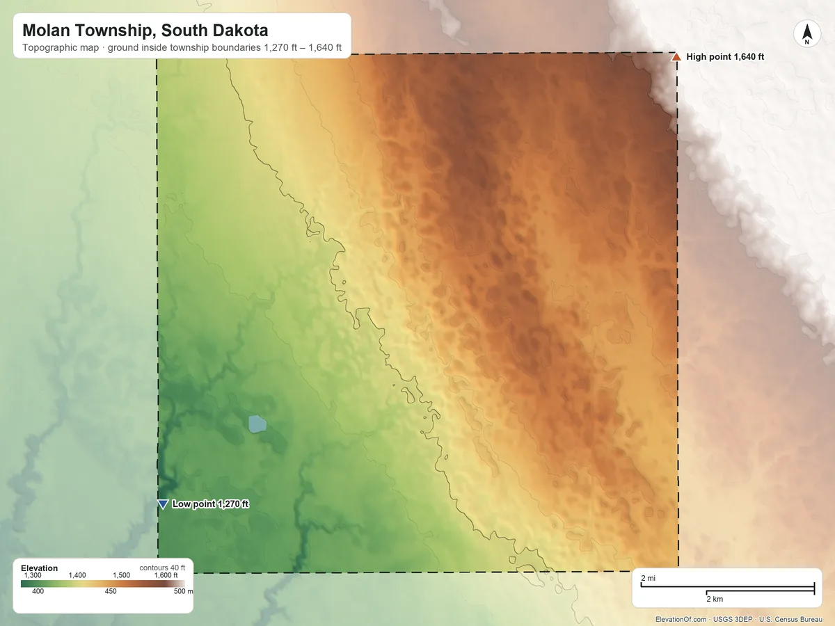 Topographic elevation map of Molan Township, South Dakota, shaded from 1,270 ft on the southwest side to 1,640 ft on the northeast side
