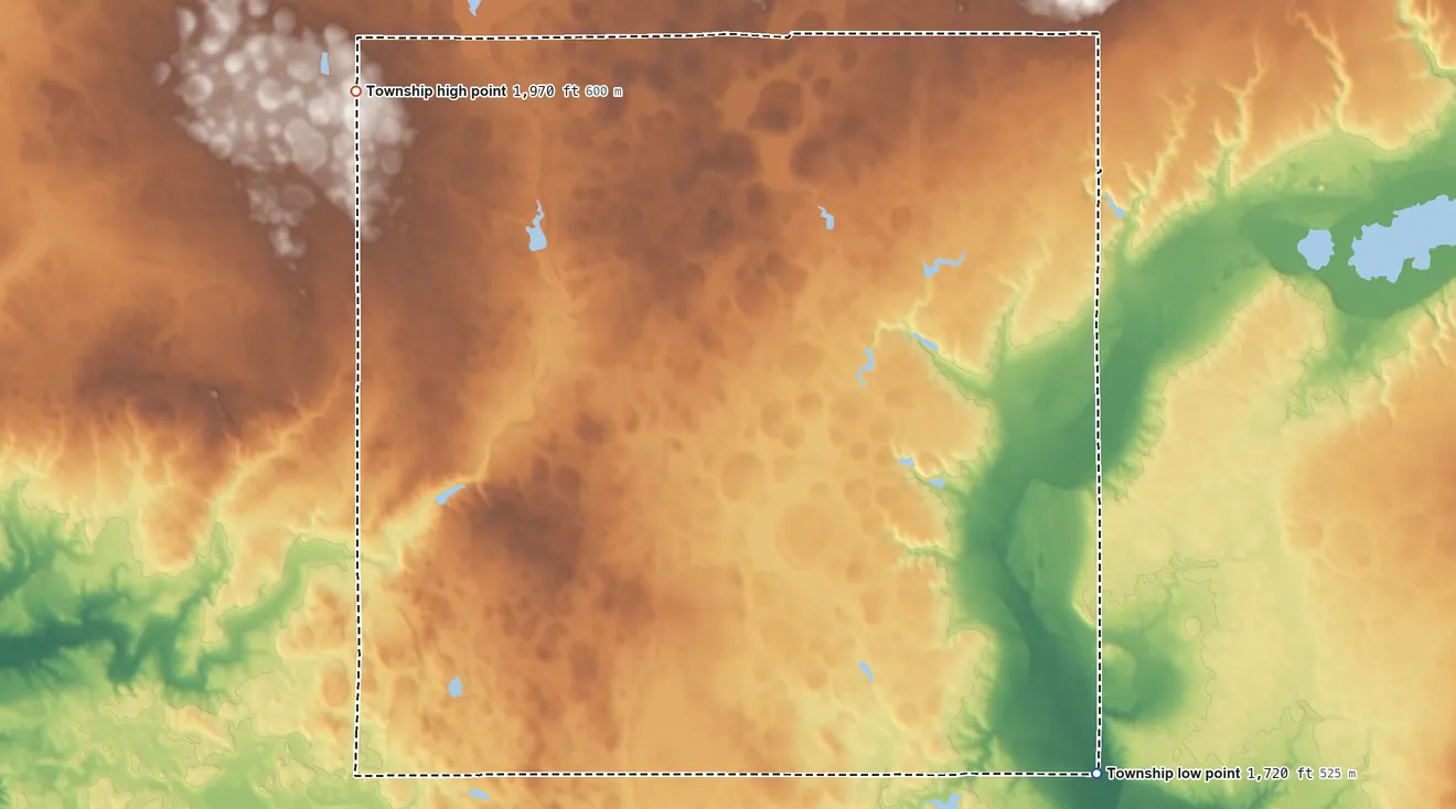 Topographic elevation map of Mondamin Township, South Dakota, shaded from 1,720 ft on the south side to 1,970 ft on the west side