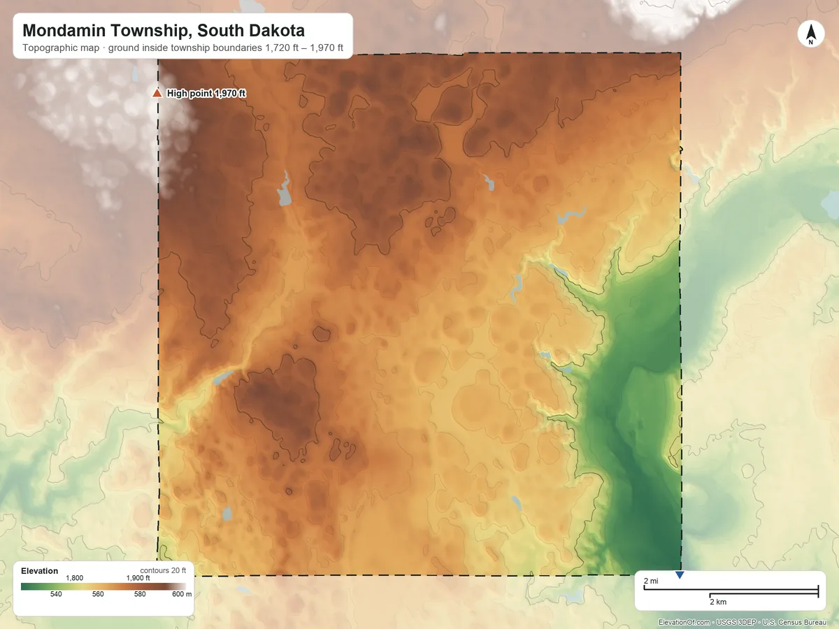Topographic elevation map of Mondamin Township, South Dakota, shaded from 1,720 ft on the south side to 1,970 ft on the west side
