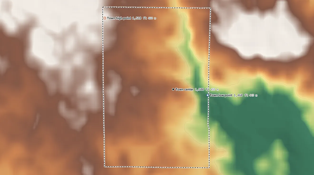 Topographic elevation map of Monroe, South Dakota, shaded from 1,460 ft on the east side to 1,510 ft on the northwest side