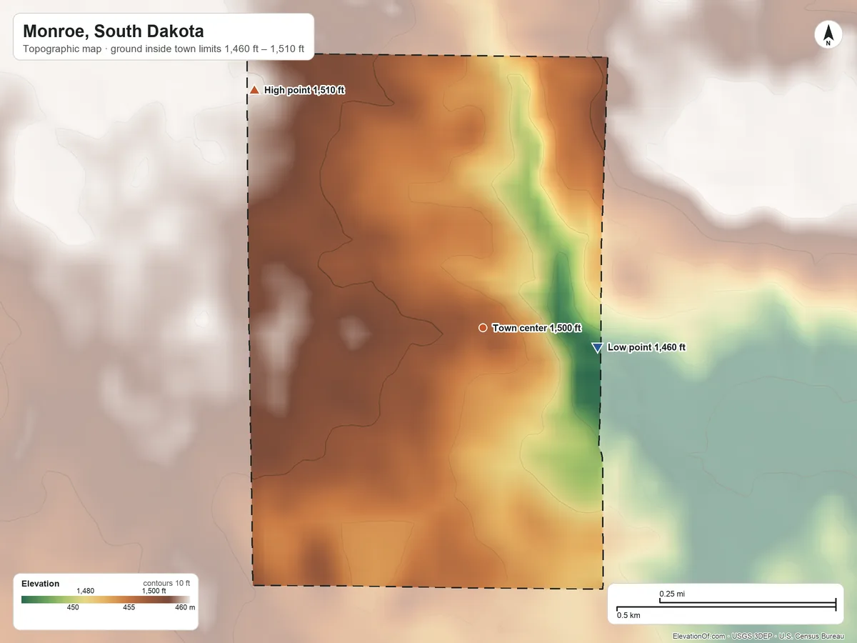 Topographic elevation map of Monroe, South Dakota, shaded from 1,460 ft on the east side to 1,510 ft on the northwest side