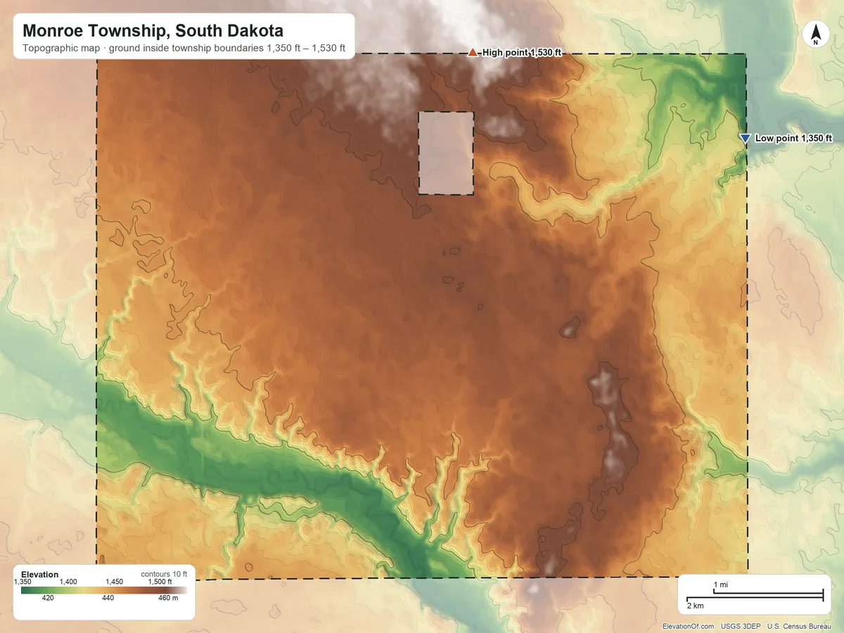 Topographic elevation map of Monroe Township, South Dakota, shaded from 1,350 ft on the northeast side to 1,530 ft on the northeast side