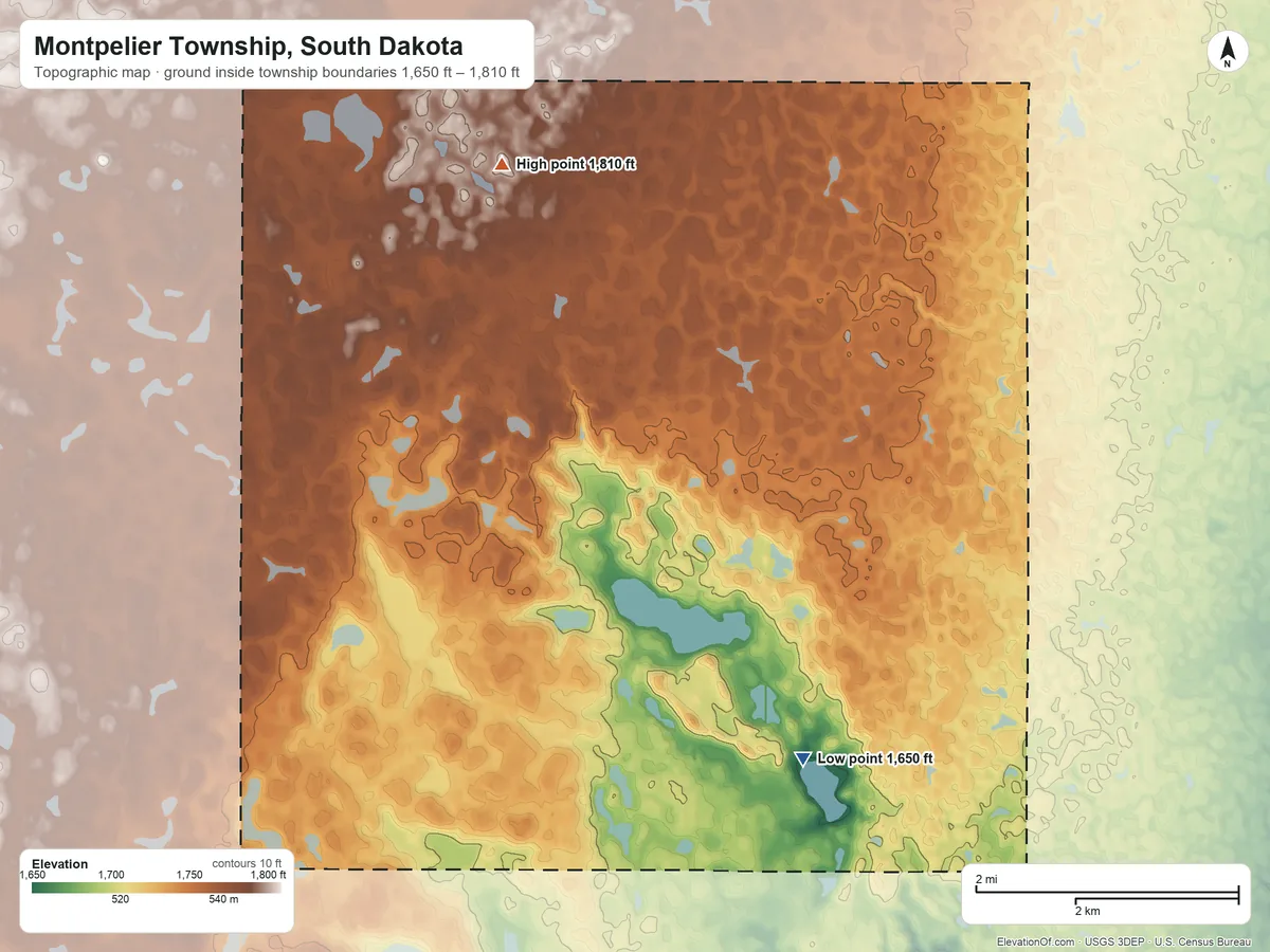 Topographic elevation map of Montpelier Township, South Dakota, shaded from 1,650 ft on the south side to 1,810 ft on the west side