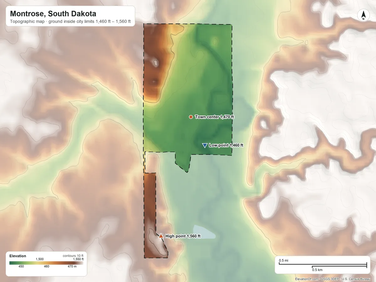 Topographic elevation map of Montrose, South Dakota, shaded from 1,460 ft on the southeast side to 1,560 ft on the south side