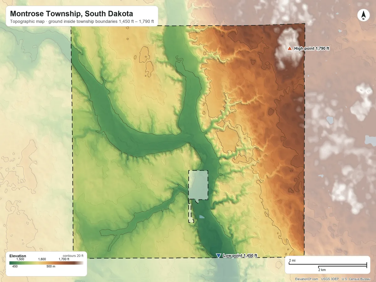 Topographic elevation map of Montrose Township, South Dakota, shaded from 1,450 ft on the south side to 1,790 ft on the northeast side