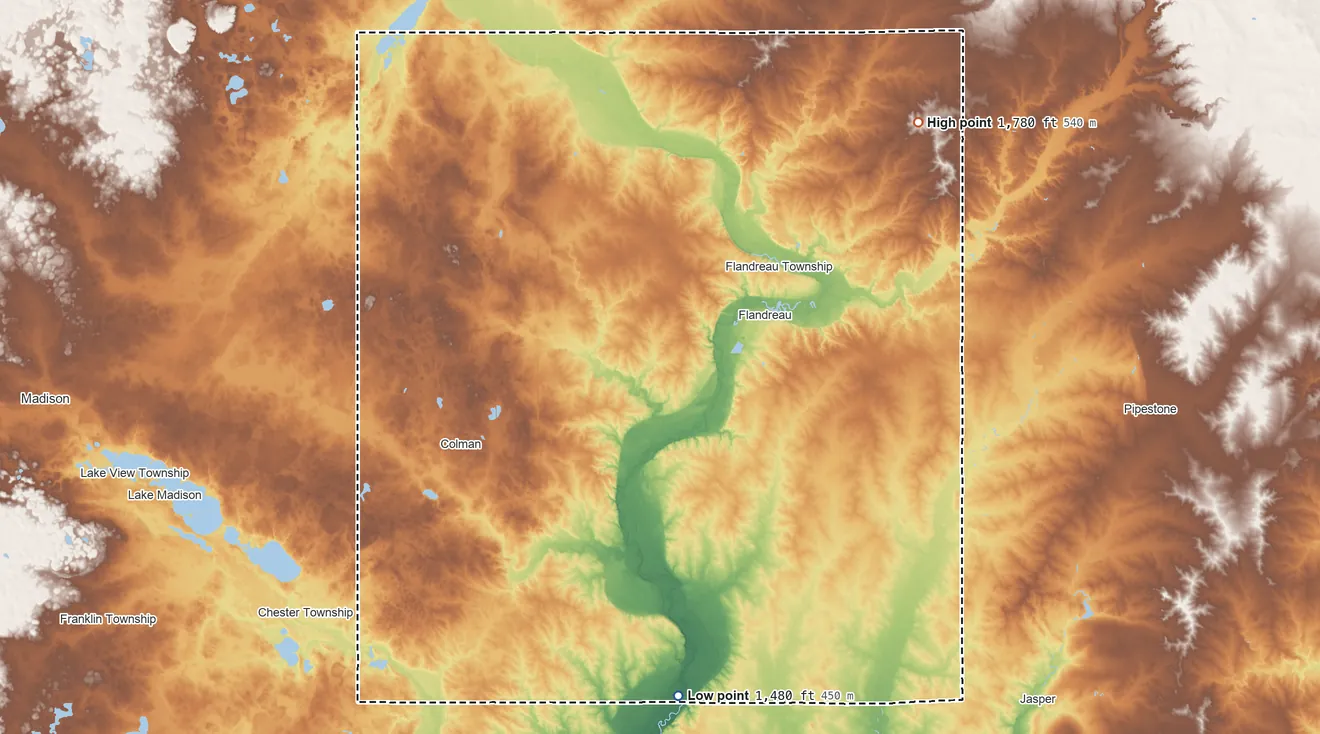 Topographic elevation map of Moody County, South Dakota, shaded from 1,480 ft on the south side to 1,780 ft on the northeast side