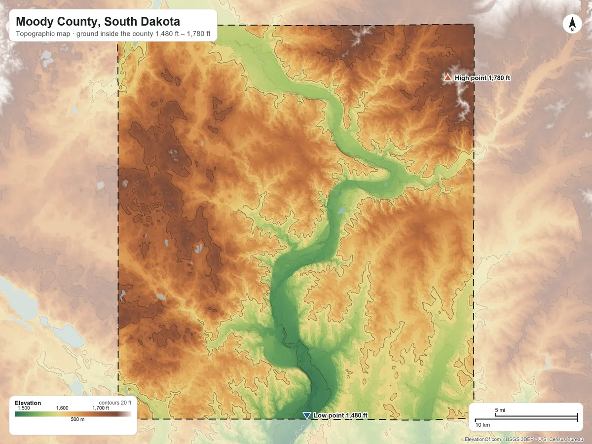 Topographic elevation map of Moody County, South Dakota, shaded from 1,480 ft on the south side to 1,780 ft on the northeast side