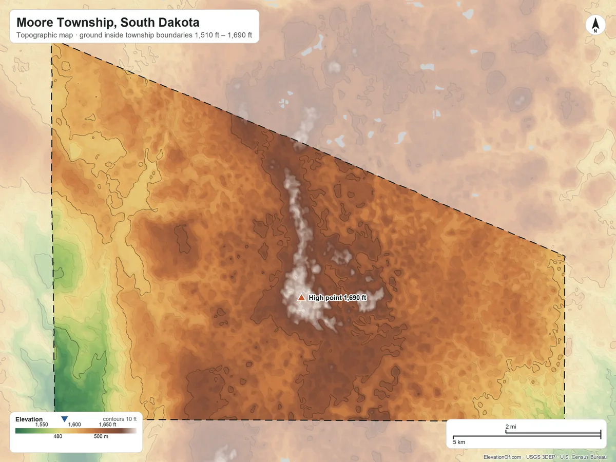 Topographic elevation map of Moore Township, South Dakota, shaded from 1,510 ft on the southwest side to 1,690 ft near the middle