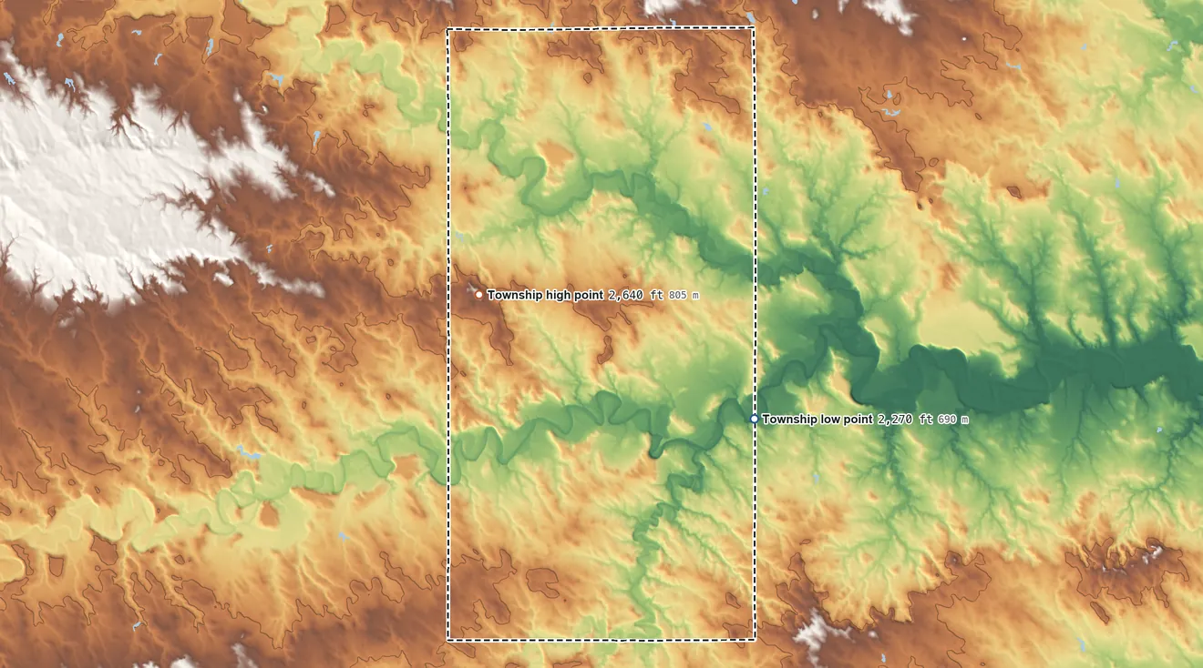 Topographic elevation map of Moreau Township, South Dakota, shaded from 2,270 ft on the southeast side to 2,640 ft on the west side
