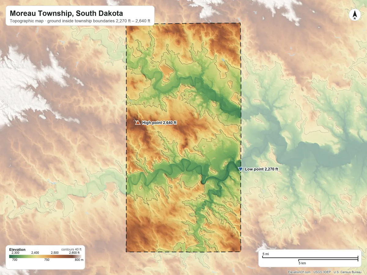 Topographic elevation map of Moreau Township, South Dakota, shaded from 2,270 ft on the southeast side to 2,640 ft on the west side