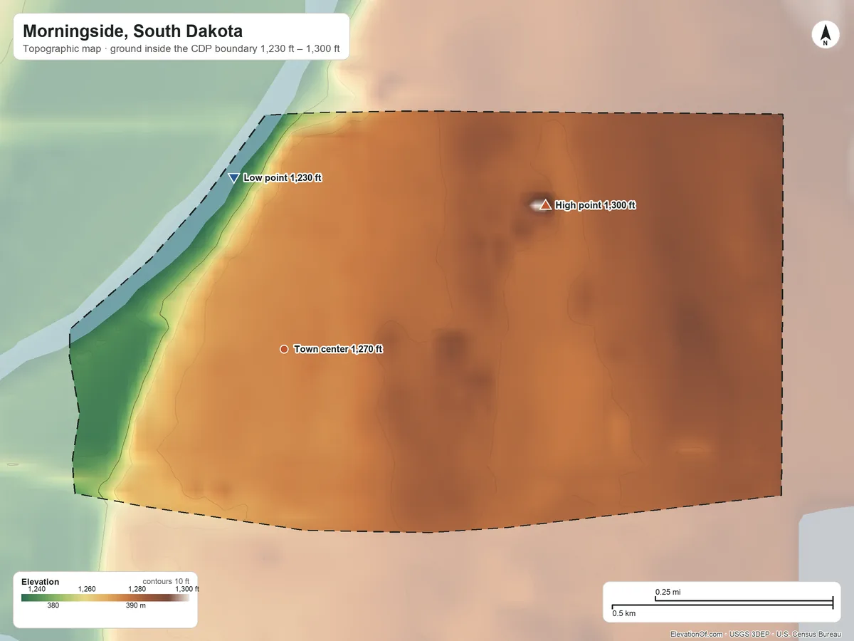 Topographic elevation map of Morningside, South Dakota, shaded from 1,230 ft on the north side to 1,300 ft on the northeast side