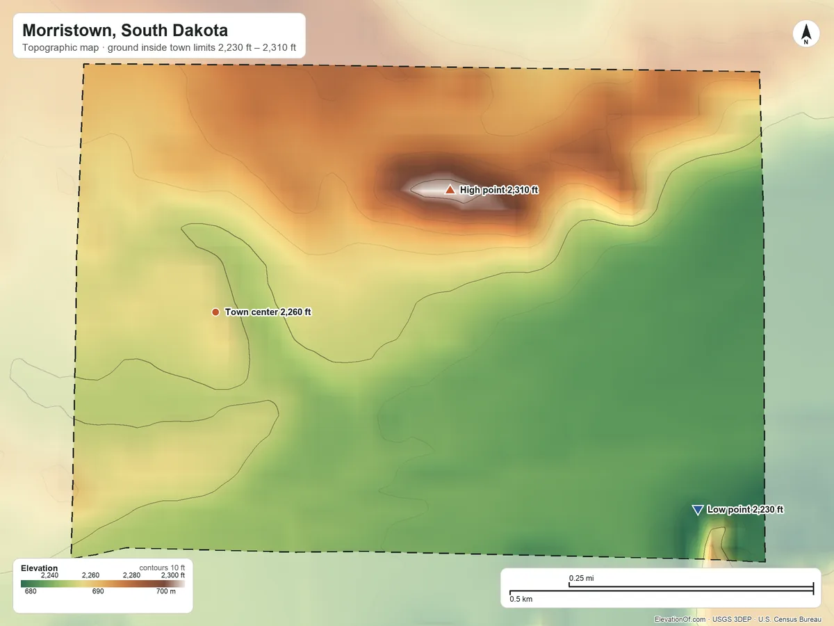 Topographic elevation map of Morristown, South Dakota, shaded from 2,230 ft on the east side to 2,310 ft on the northeast side