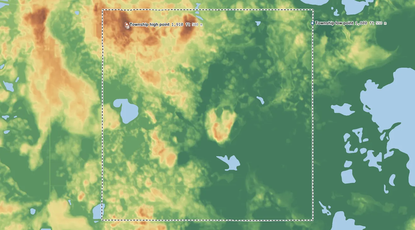 Topographic elevation map of Morton Township, South Dakota, shaded from 1,800 ft on the northeast side to 1,910 ft on the northwest side