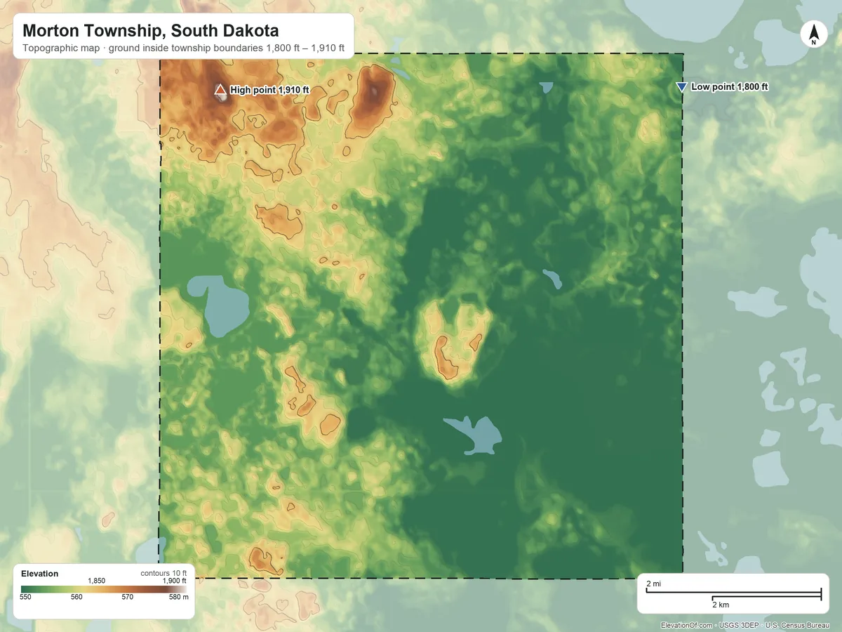 Topographic elevation map of Morton Township, South Dakota, shaded from 1,800 ft on the northeast side to 1,910 ft on the northwest side