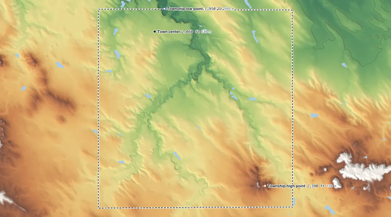 Topographic elevation map of Mosher Township, South Dakota, shaded from 1,950 ft near the middle to 2,390 ft on the southeast side