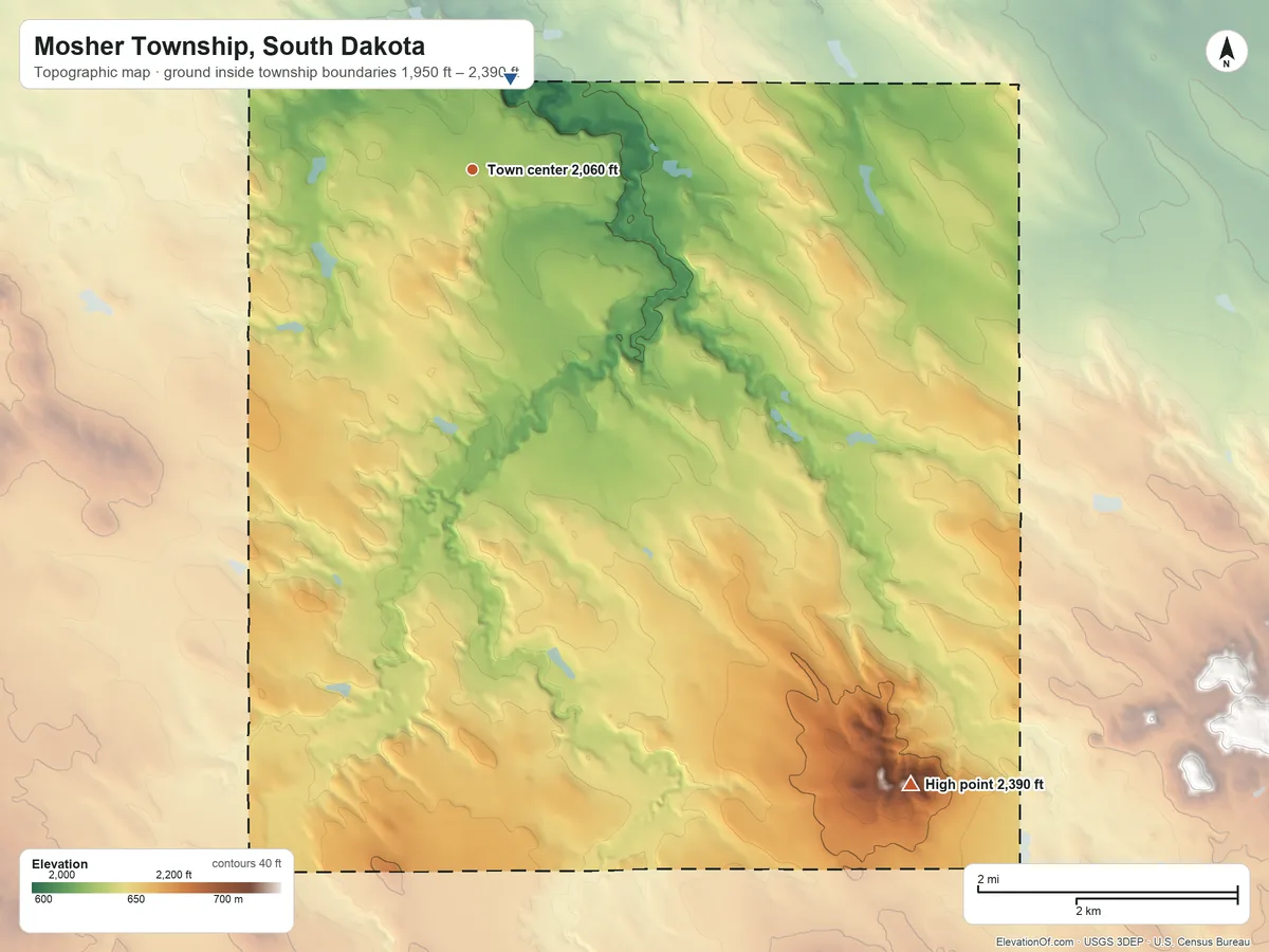 Topographic elevation map of Mosher Township, South Dakota, shaded from 1,950 ft near the middle to 2,390 ft on the southeast side