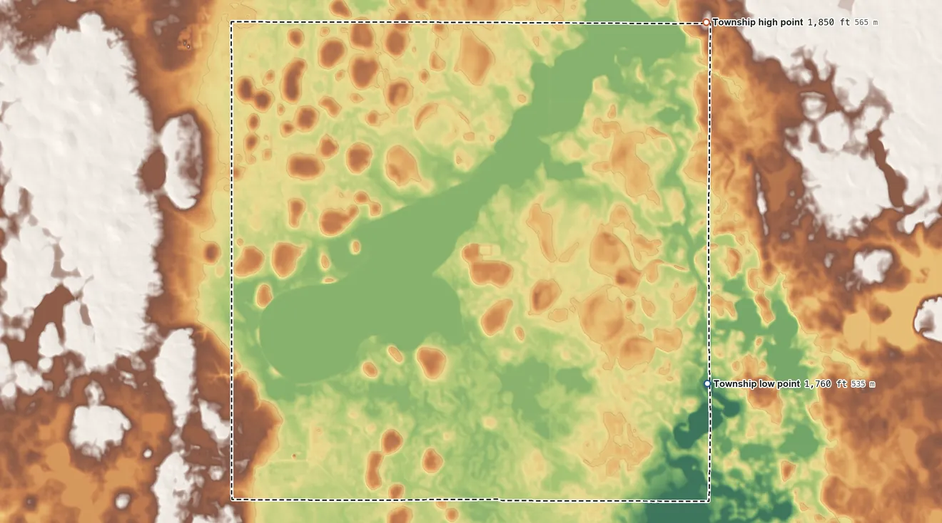 Topographic elevation map of Mount Pleasant Township, South Dakota, shaded from 1,760 ft on the east side to 1,850 ft on the northeast side