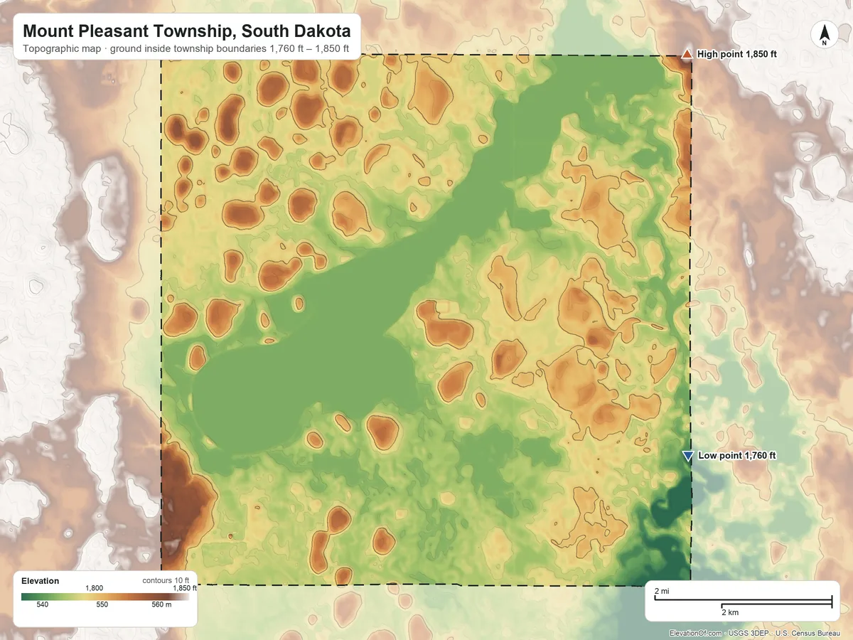 Topographic elevation map of Mount Pleasant Township, South Dakota, shaded from 1,760 ft on the east side to 1,850 ft on the northeast side
