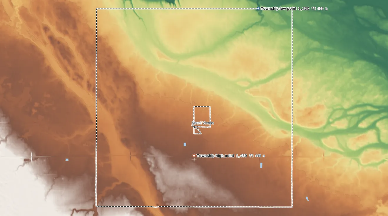 Topographic elevation map of Mount Vernon Township, South Dakota, shaded from 1,320 ft on the northeast side to 1,450 ft on the southeast side