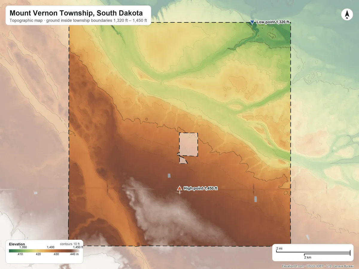 Topographic elevation map of Mount Vernon Township, South Dakota, shaded from 1,320 ft on the northeast side to 1,450 ft on the southeast side