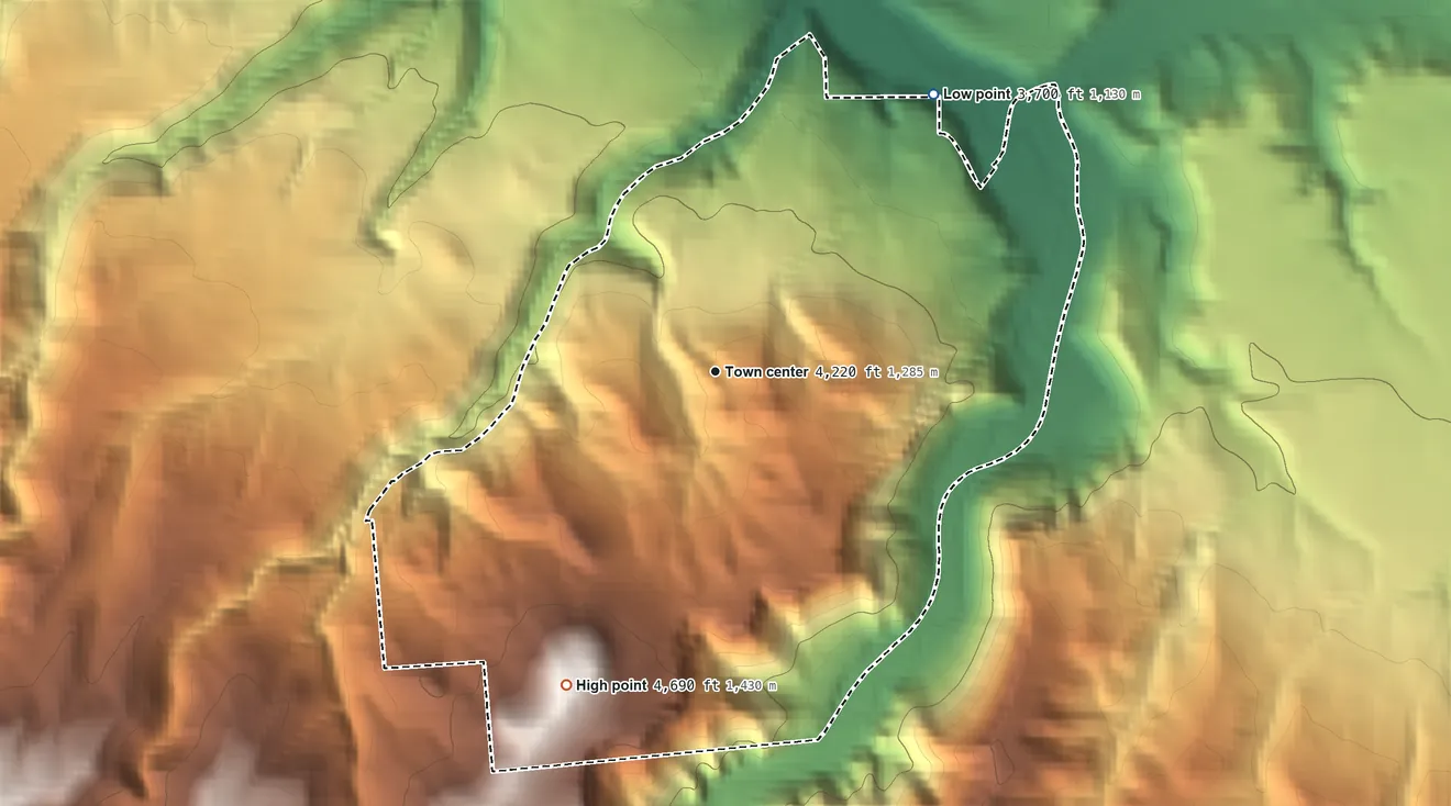 Topographic elevation map of Mountain Plains, South Dakota, shaded from 3,700 ft on the northeast side to 4,690 ft at the foot of the Black Hills