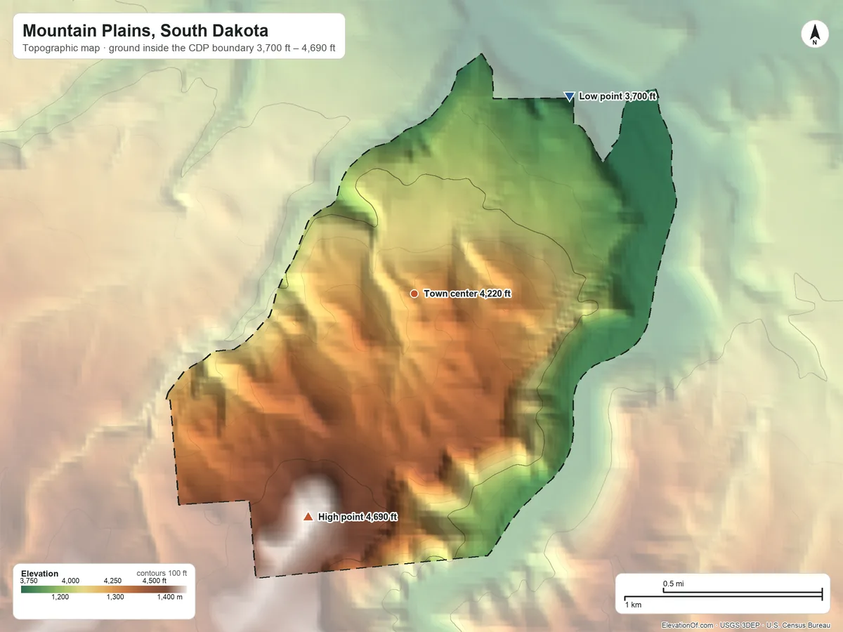 Topographic elevation map of Mountain Plains, South Dakota, shaded from 3,700 ft on the northeast side to 4,690 ft at the foot of the Black Hills