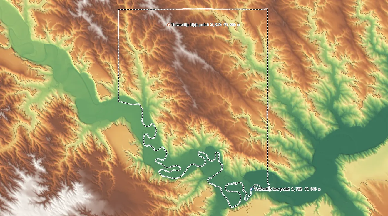 Topographic elevation map of Mullen Township, South Dakota, shaded from 1,790 ft on the south side to 2,270 ft on the northwest side
