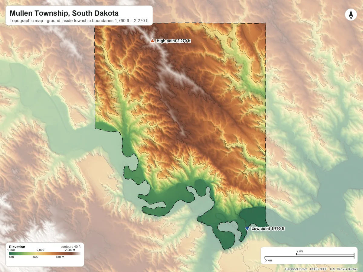 Topographic elevation map of Mullen Township, South Dakota, shaded from 1,790 ft on the south side to 2,270 ft on the northwest side