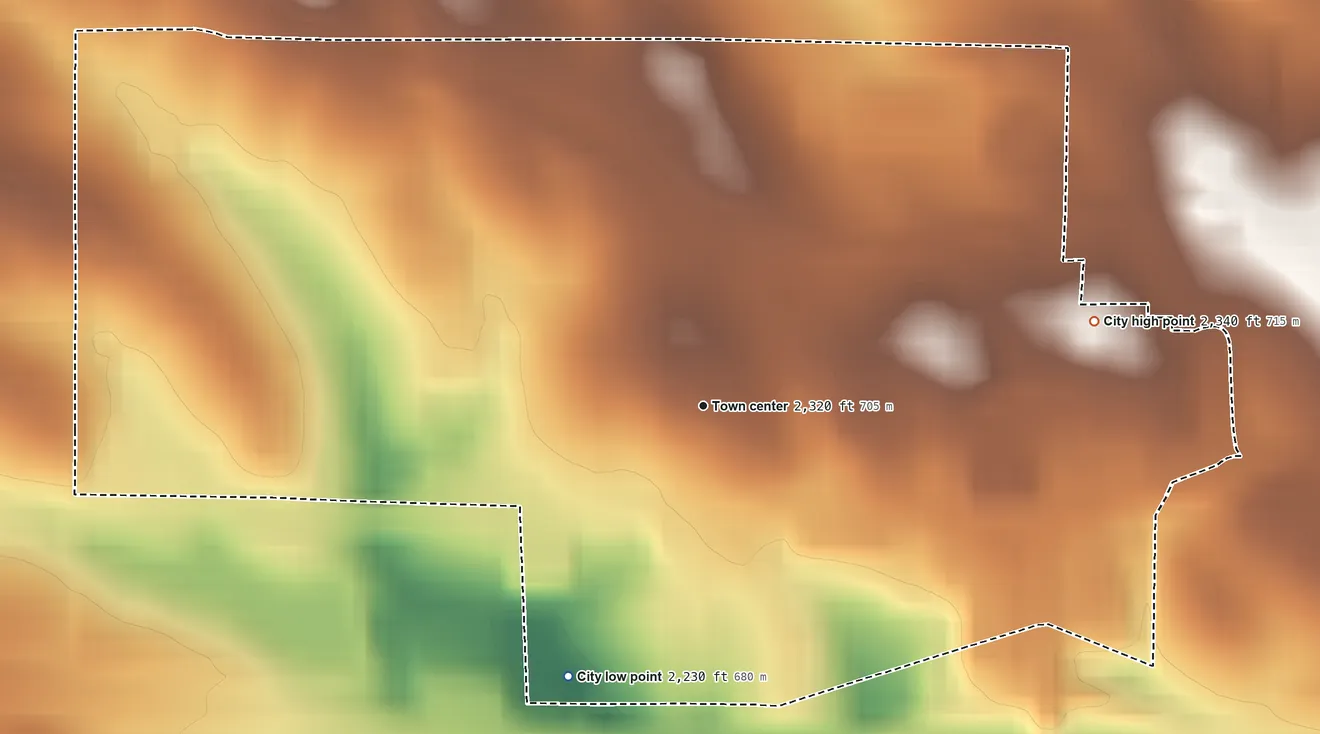 Topographic elevation map of Murdo, South Dakota, shaded from 2,230 ft on the southwest side to 2,340 ft on the east side