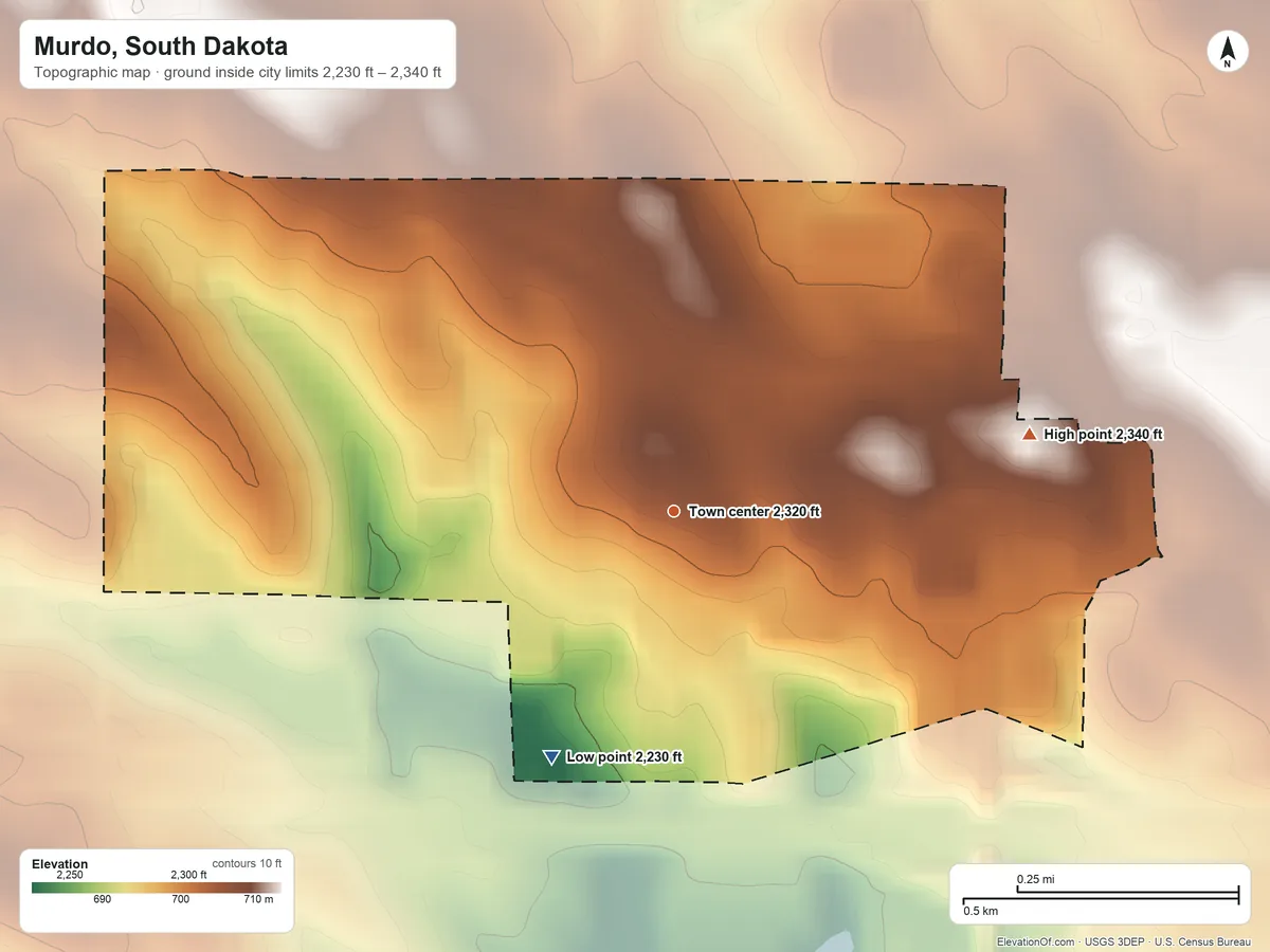 Topographic elevation map of Murdo, South Dakota, shaded from 2,230 ft on the southwest side to 2,340 ft on the east side