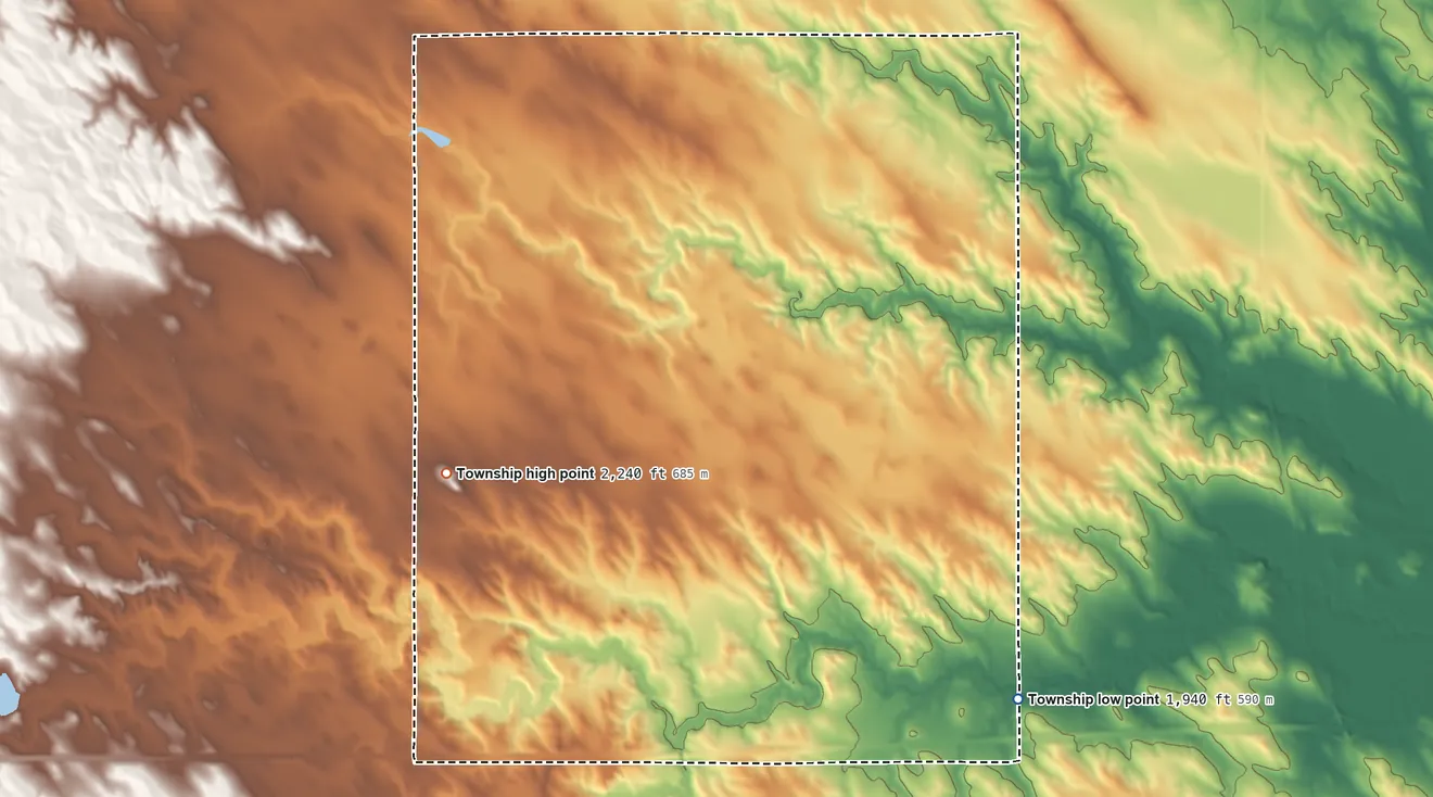 Topographic elevation map of Mussman Township, South Dakota, shaded from 1,940 ft on the east side to 2,240 ft on the northwest side