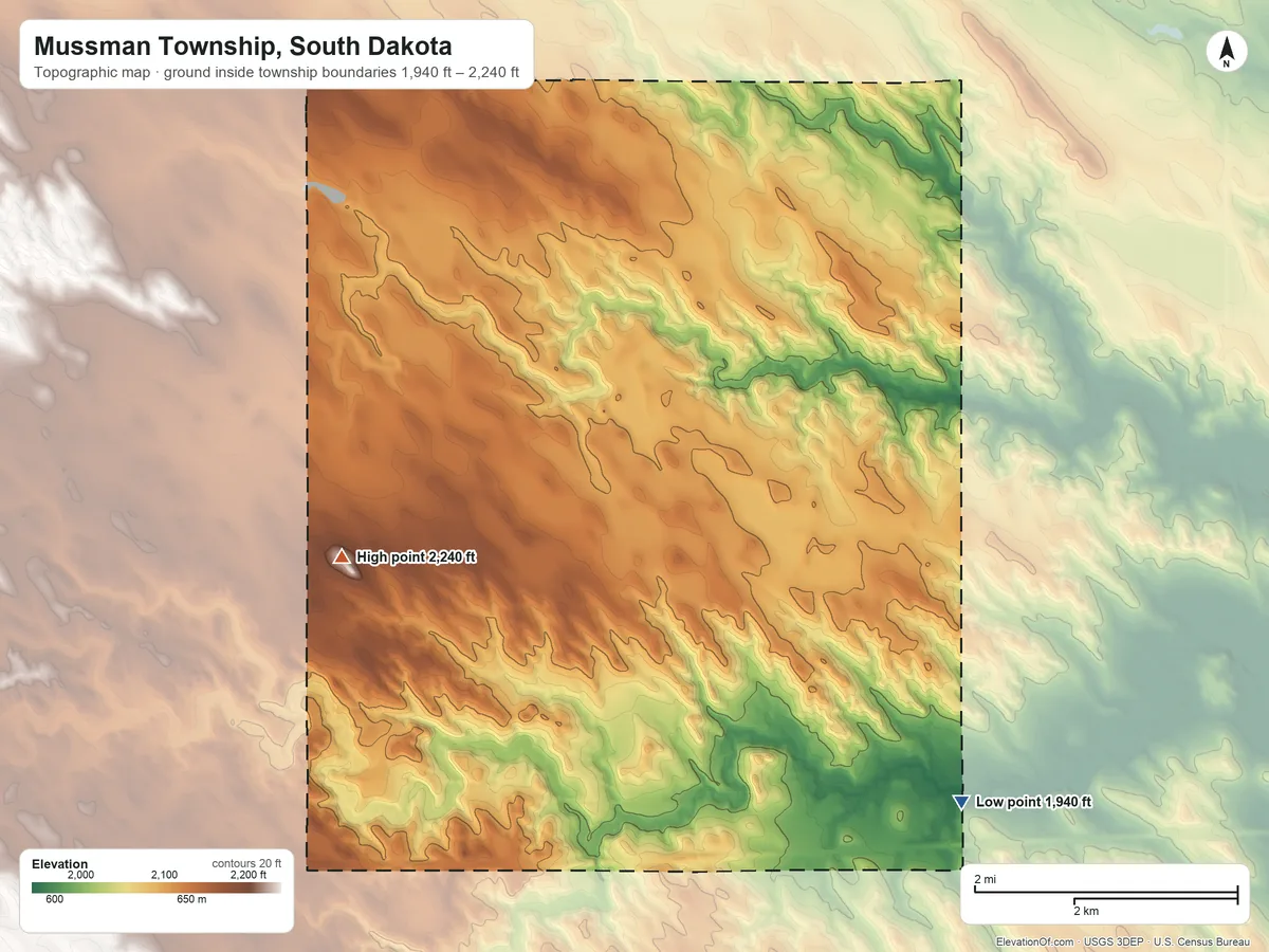 Topographic elevation map of Mussman Township, South Dakota, shaded from 1,940 ft on the east side to 2,240 ft on the northwest side
