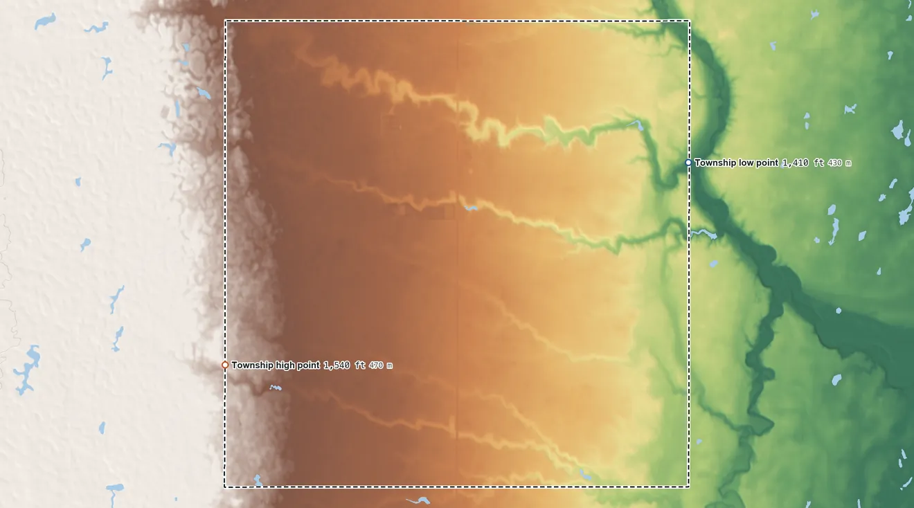 Topographic elevation map of Myron Township, South Dakota, shaded from 1,410 ft on the east side to 1,540 ft on the southwest side