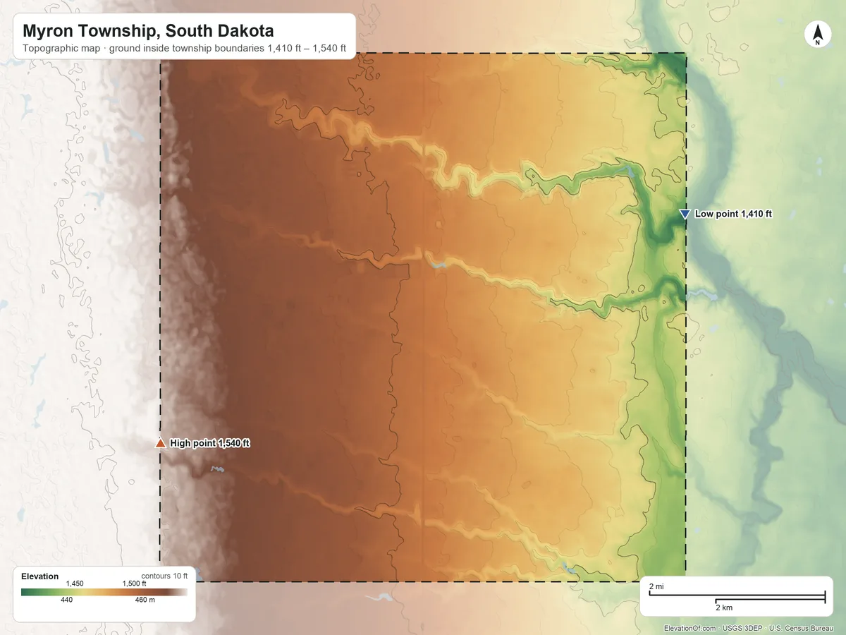 Topographic elevation map of Myron Township, South Dakota, shaded from 1,410 ft on the east side to 1,540 ft on the southwest side