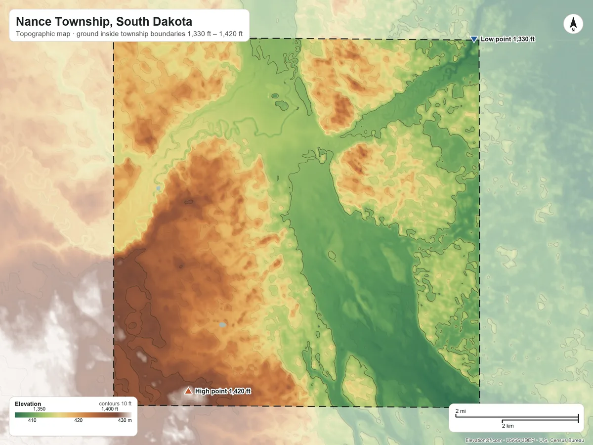 Topographic elevation map of Nance Township, South Dakota, shaded from 1,330 ft on the northeast side to 1,420 ft on the southwest side