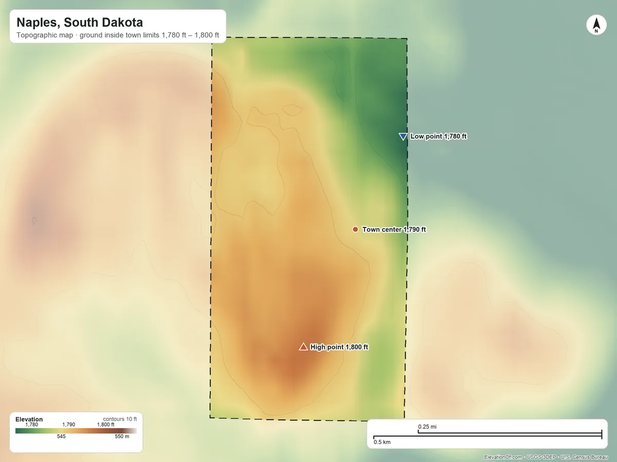 Topographic elevation map of Naples, South Dakota, shaded from 1,780 ft on the northeast side to 1,800 ft on the southwest side