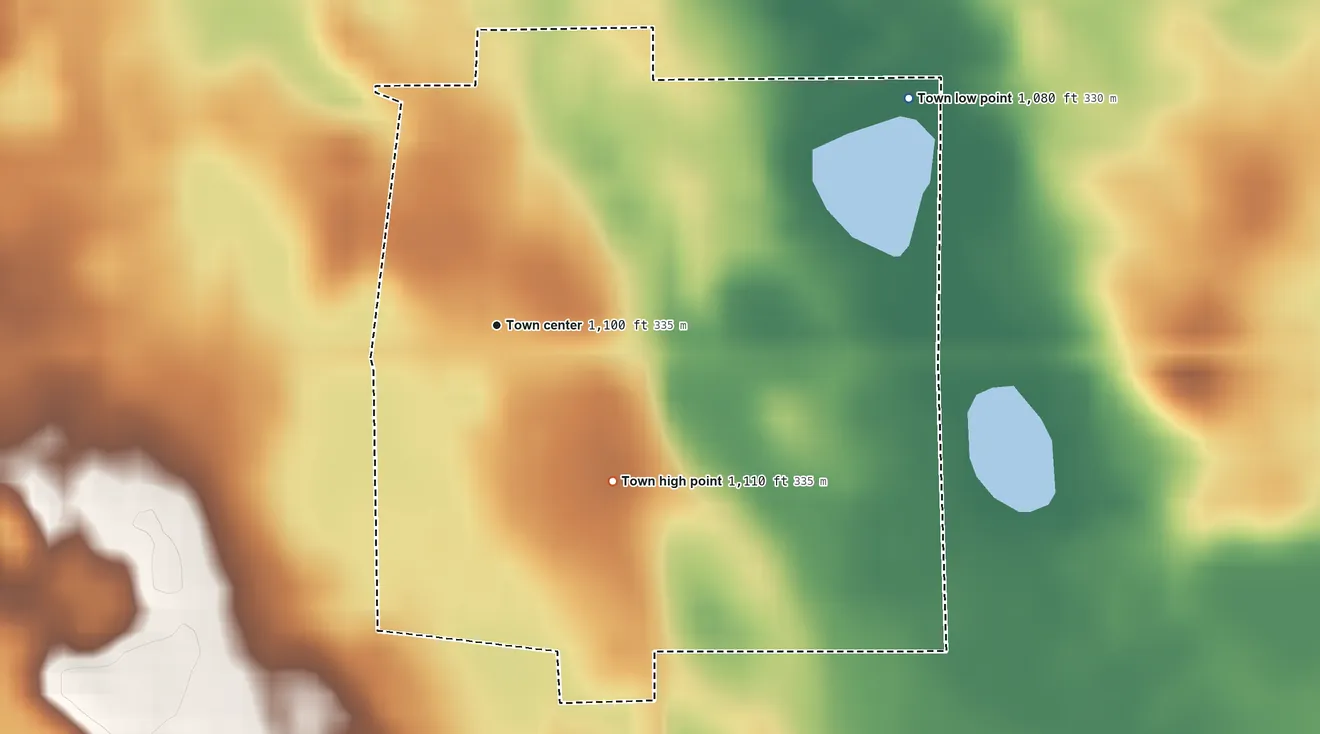 Topographic elevation map of New Effington, South Dakota, shaded from 1,080 ft on the northeast side to 1,110 ft on the southeast side