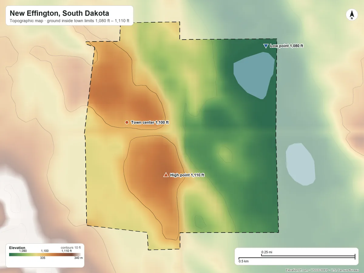 Topographic elevation map of New Effington, South Dakota, shaded from 1,080 ft on the northeast side to 1,110 ft on the southeast side
