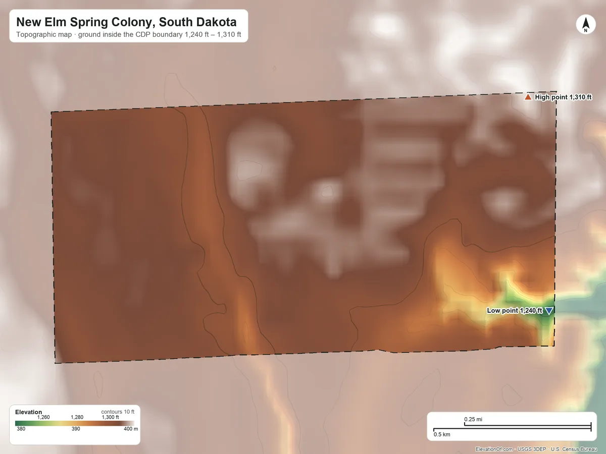 Topographic elevation map of New Elm Spring Colony, South Dakota, shaded from 1,240 ft on the east side to 1,310 ft on the northeast side