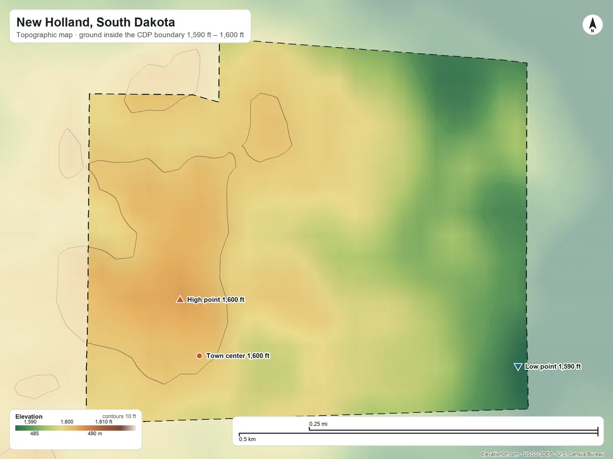 Topographic elevation map of New Holland, South Dakota, shaded from 1,590 ft on the east side to 1,600 ft on the north side