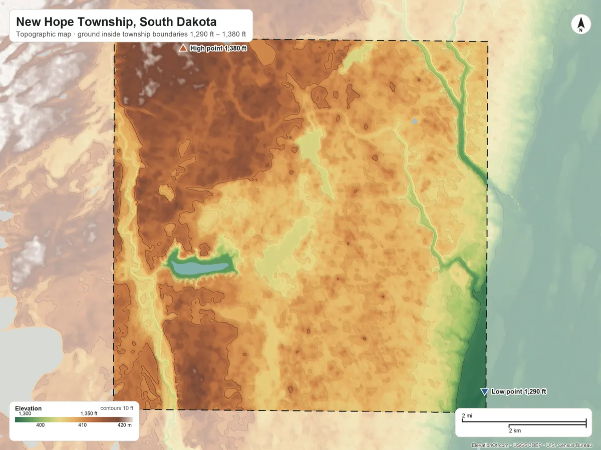 Topographic elevation map of New Hope Township, South Dakota, shaded from 1,290 ft on the southeast side to 1,380 ft on the northwest side