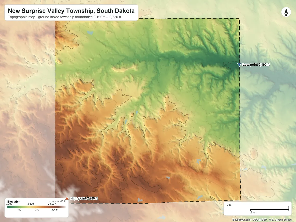 Topographic elevation map of New Surprise Valley Township, South Dakota, shaded from 2,190 ft on the northeast side to 2,720 ft on the southwest side