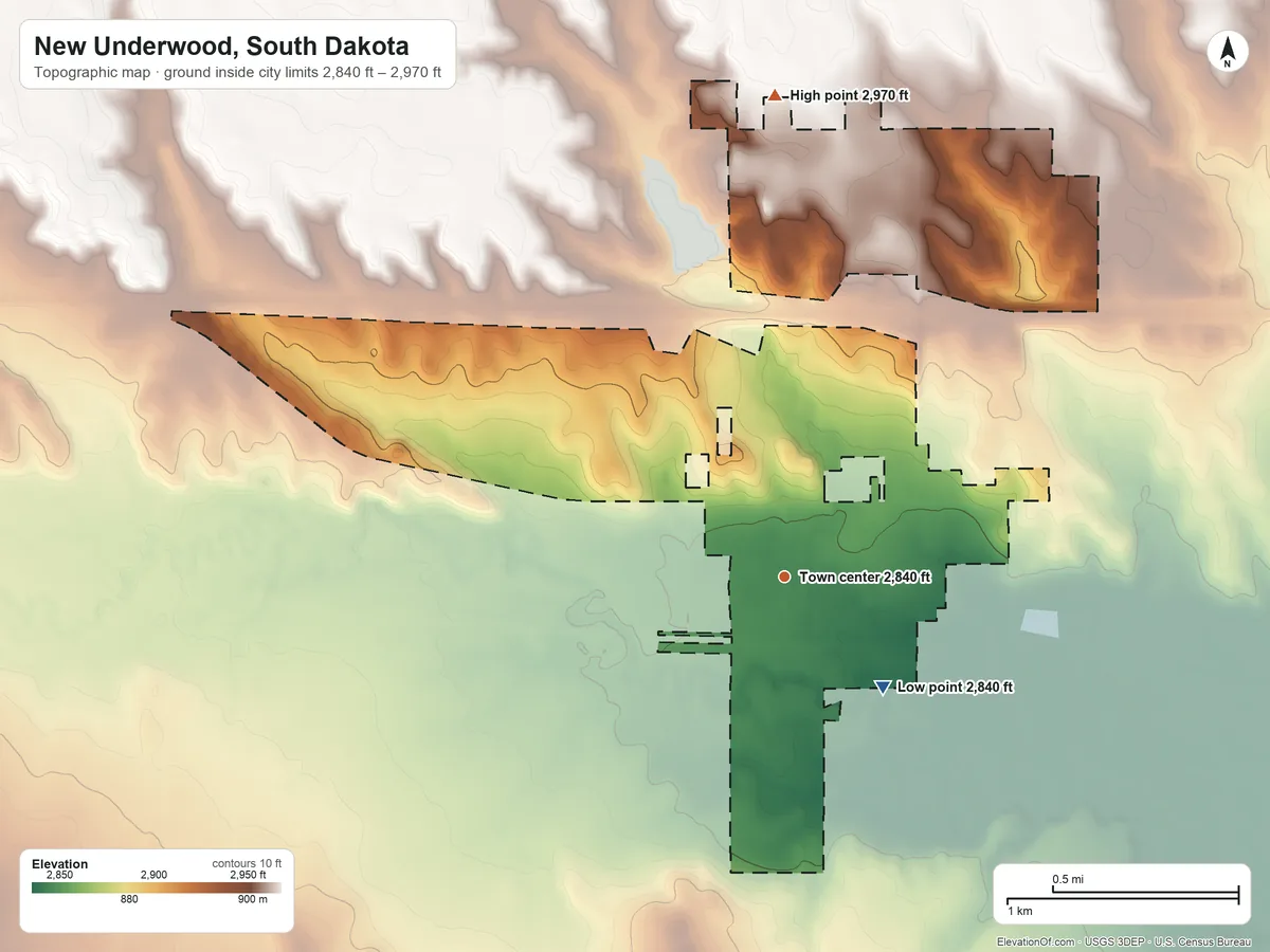 Topographic elevation map of New Underwood, South Dakota, shaded from 2,840 ft on the southeast side to 2,970 ft on the north side