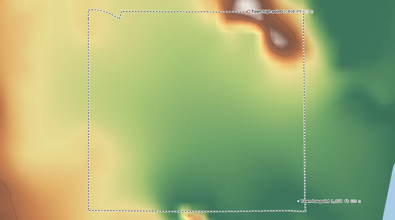 Topographic elevation map of New Witten, South Dakota, shaded from 1,970 ft on the east side to 2,010 ft on the northeast side