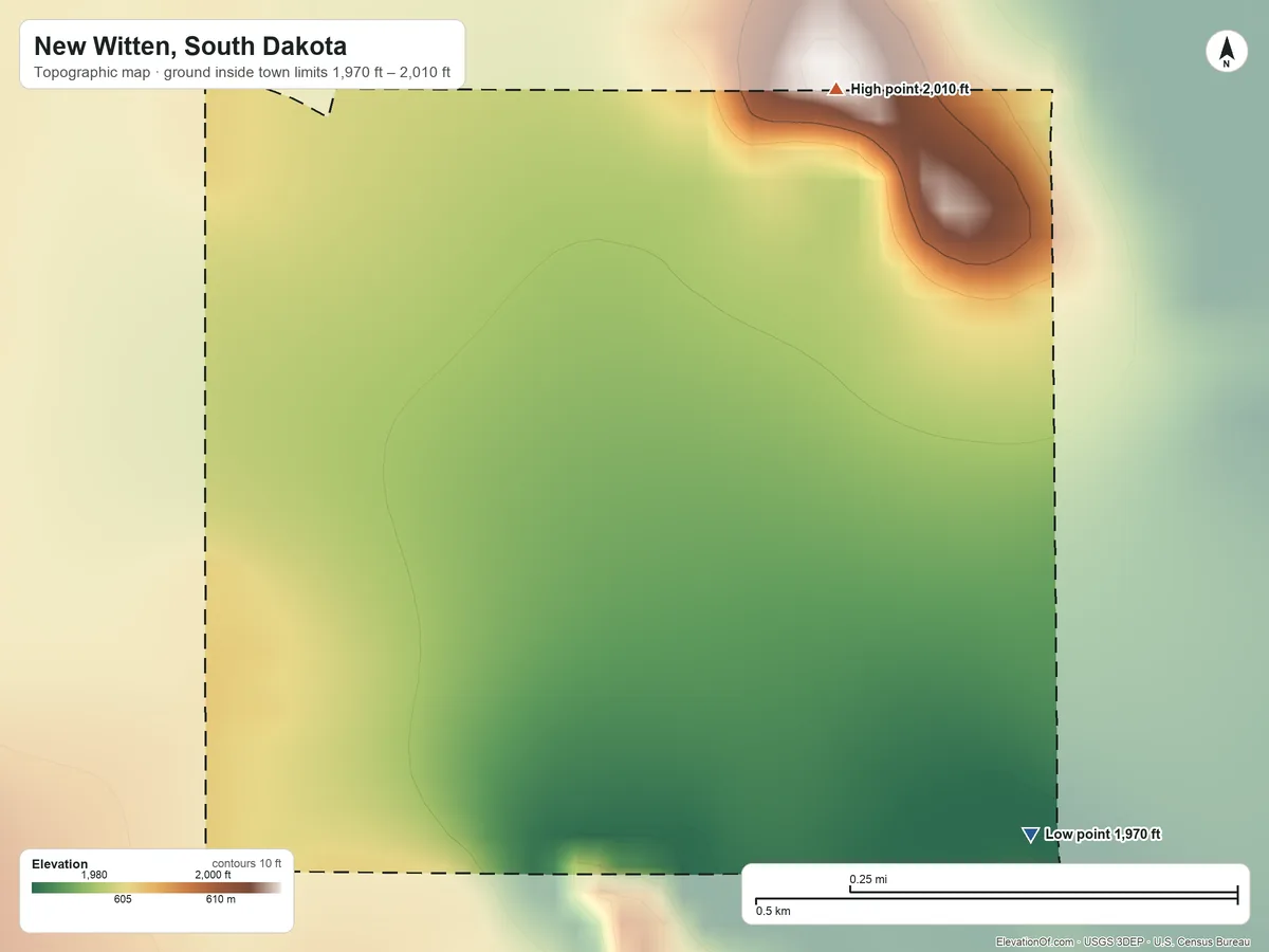 Topographic elevation map of New Witten, South Dakota, shaded from 1,970 ft on the east side to 2,010 ft on the northeast side