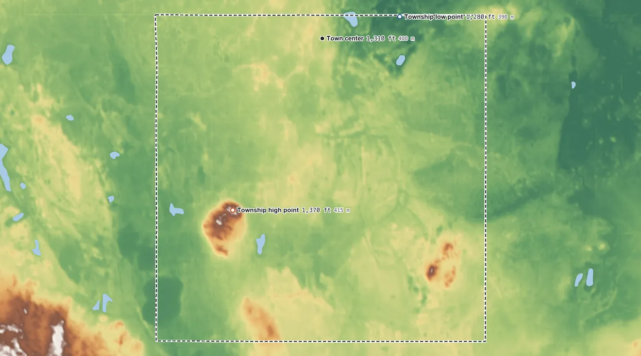 Topographic elevation map of Newark Township, South Dakota, shaded from 1,280 ft on the east side to 1,370 ft on the southwest side